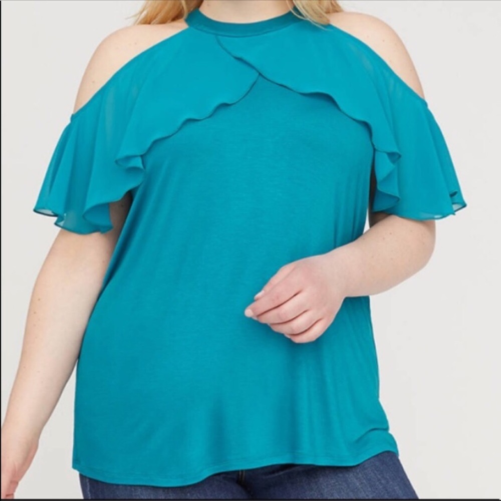 Lane Bryant teal blouse flutter cold shoulder top